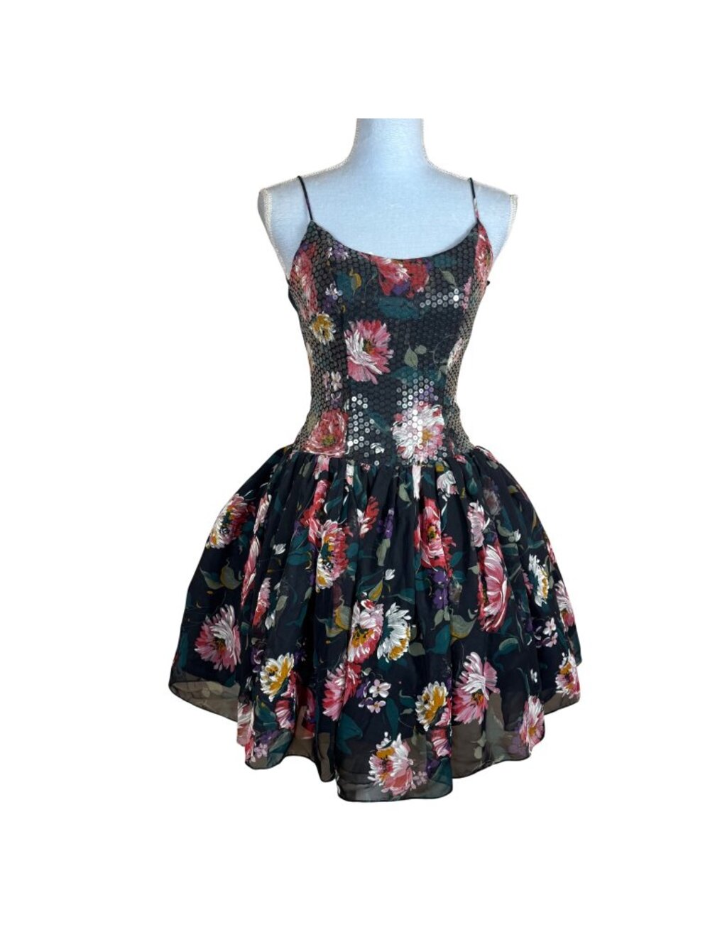 Vintage 80s Floral Sequin Party Dress Spaghetti Straps Fit & Flare